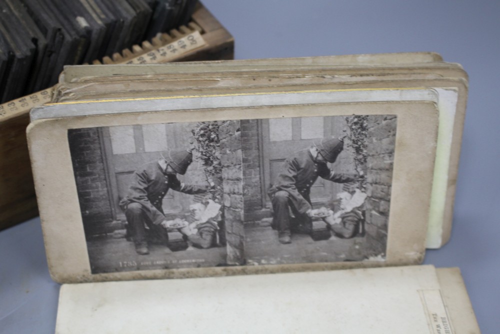 A collection of Magic Lantern slides, mostly text, a group of stereographic cards and three camera backplates